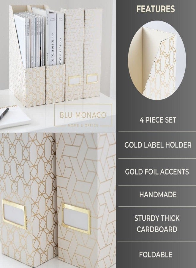 BLU MONACO | Cardboard Magazine File Holder Set of 4 | Vertical Magazine File Holder for Desk and Shelves | Cream Gold Foldable Magazine Holders with Label Slots - Image 5